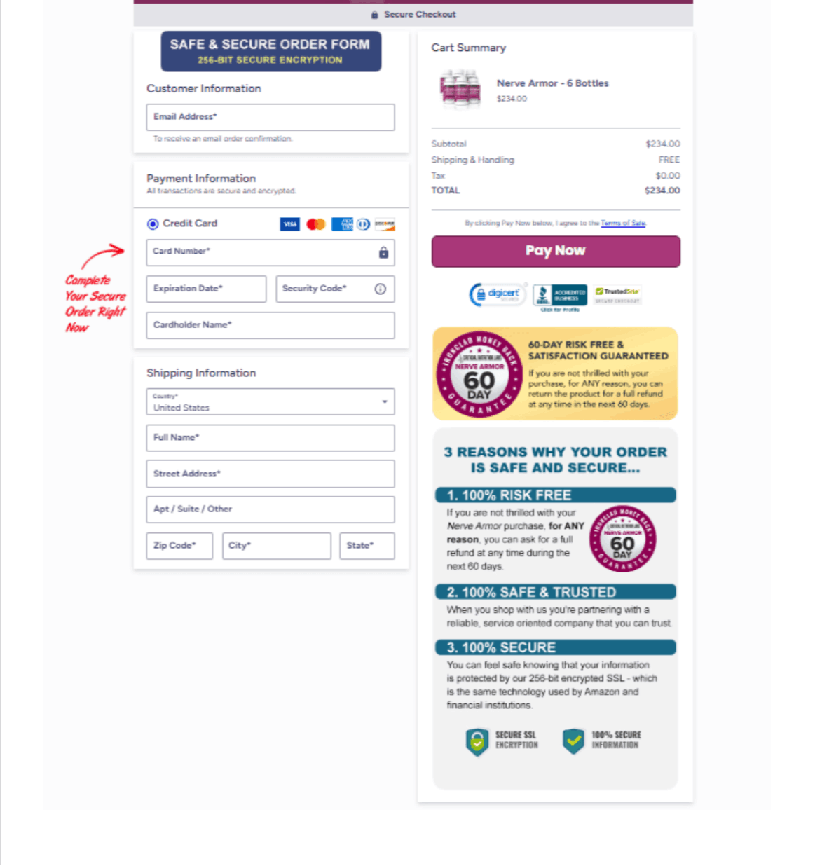 Nerve Armor Checkout page